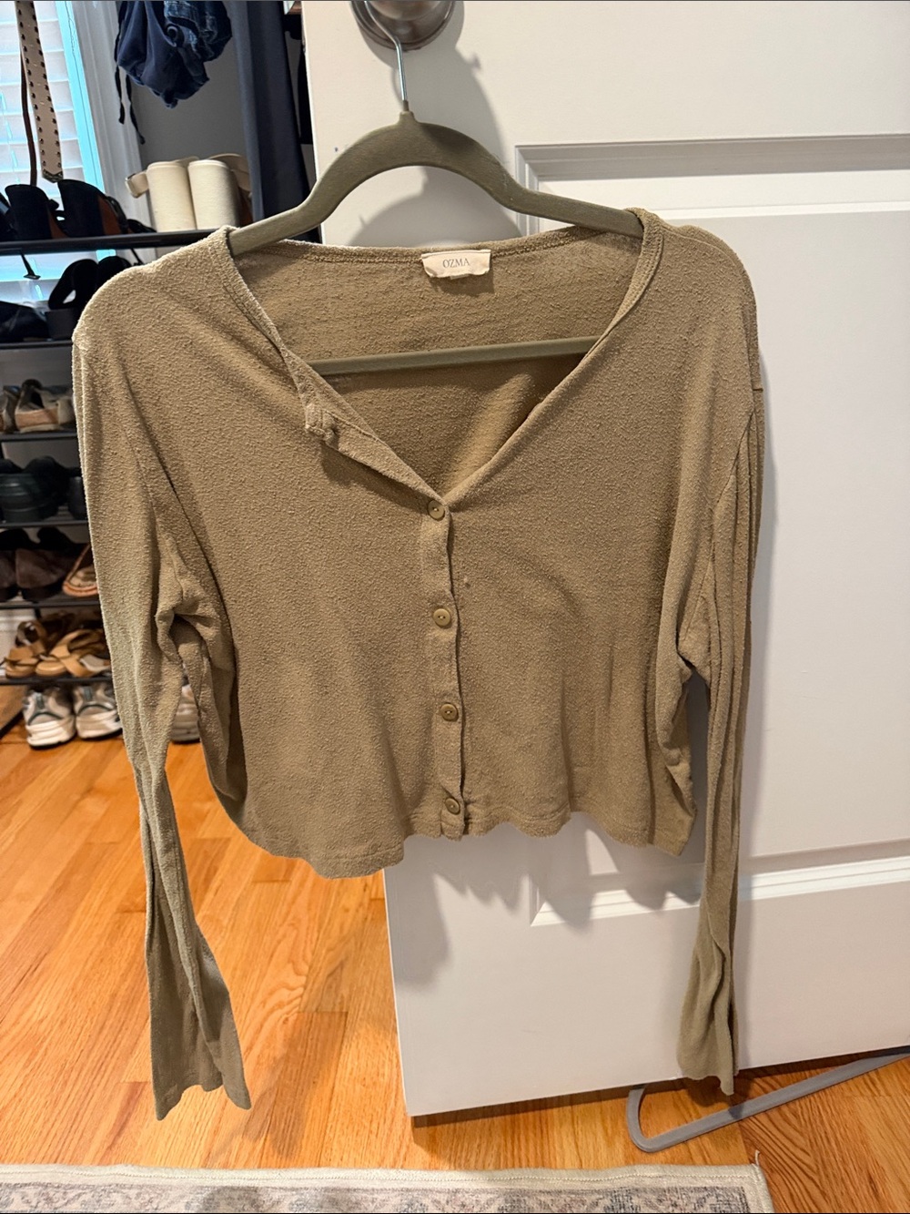 Ozma Brown/Nude Button-Front Long Sleeve Crop Top